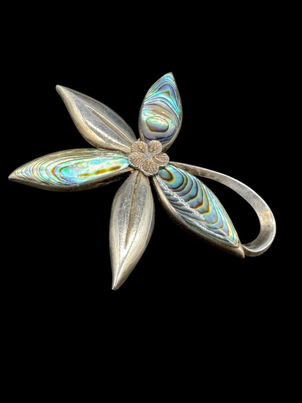 Vintage Brooch Sterling Silver 925 Flower Leaf Abalone Shells *tested*